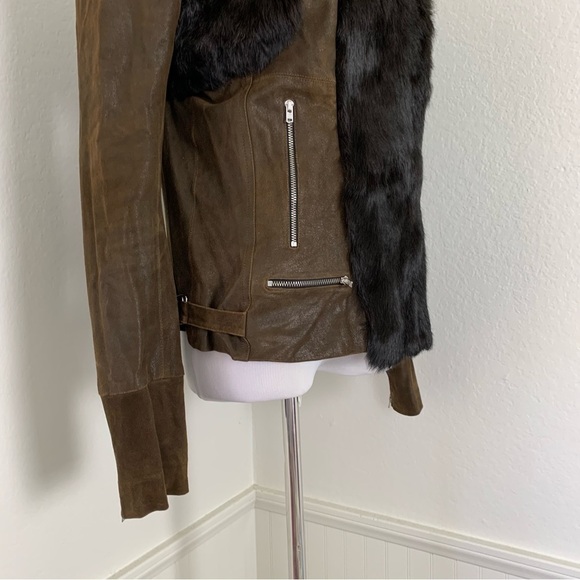 Sachin + Babi Leather Rabbit Fur Silk Jacket Brown Asymmetrical Zip - Picture 10 of 15